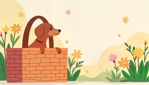 Curious dachshund puppy peeking from picnic basket in garden, National Pet Day - Powered by Adobe