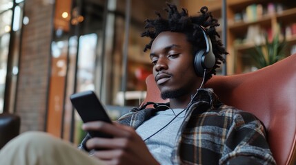 Fototapeta premium An African man, his hair cascading in a halo of curls, sat in the comfort of a chair, his gaze lost in the vibrant world of his smartphone screen, headphones firmly in place, a serene expression on