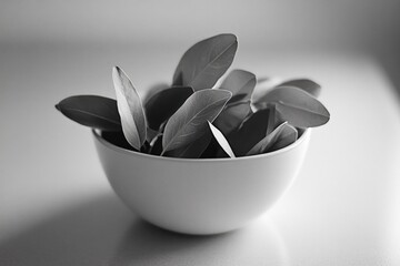 A bowl of simple elegance holding small, textured plant leaves that exude a peaceful minimalist aesthetic.