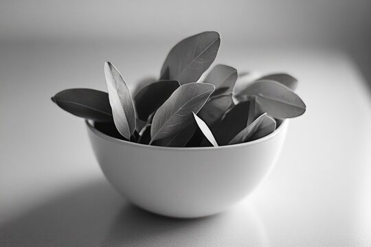 A bowl of simple elegance holding small, textured plant leaves that exude a peaceful minimalist aesthetic.