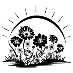 Flowers and Sun, Hand Drawn Vector Illustration
