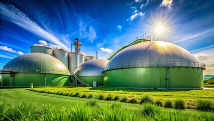 Obraz premium Biogas Plant: Wide-Angle Macro View of Dome Tanks, Compressors & Piping Against Bright Sky and Lush Green Fields