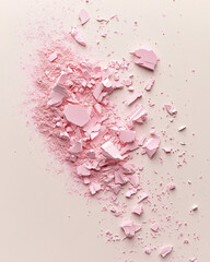 Delicate pink powder and shattered fragments scattered artistically on a light beige backdrop, showcasing the texture and soft hues of crushed cosmetics, ideal for beauty-related projects