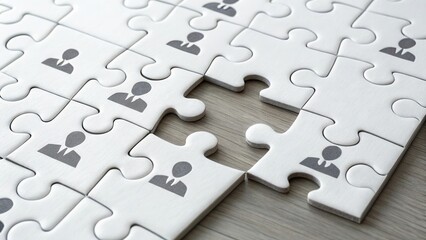 Obraz premium A Close-Up View of Puzzle Pieces Lying on a Wooden Surface Featuring Missing Component Symbolizing Problem Solving and Team Dynamics