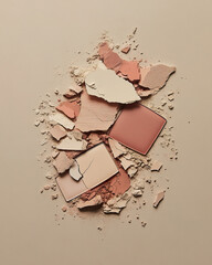 An artistic arrangement of crushed cosmetics, featuring three broken blush and foundation pans in soft pink and peach tones, scattered over a light beige background, showcasing beauty textures