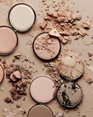 A visually striking flat lay of broken makeup compacts, featuring a range of blush and bronzer shades, scattered over a smooth beige backdrop, highlighting texture and elegance in beauty