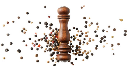 Wooden pepper mill with scattered peppercorns on transparent background
