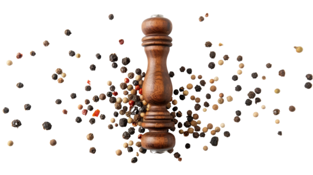 Wooden pepper mill with scattered peppercorns on transparent background