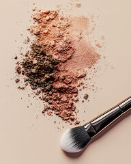 An artistic flat lay featuring an assortment of vibrant blush and bronzer powders scattered elegantly, accompanied by a sleek makeup brush, set against a soft, neutral backdrop.