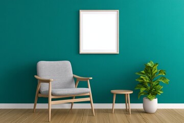 A photo of an empty frame mockup hanging on the wall in a Scandinavian living room with wooden furniture and teal walls, showcasing natural light from large windows. The chair is made of grey