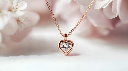 Fototapeta premium A delicate rose gold necklace with a heart-shaped diamond, placed on a white backdrop