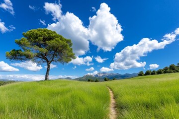 Fototapeta premium A photo of the Mediterranean landscape with low pines and tall grasses, with an open field path leading to some trees. The sky is blue with white clouds, and there's depth in perspective, giving