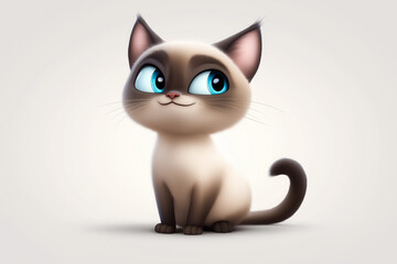 Cute animated cat with striking blue eyes and vibrant fur sitting against light background