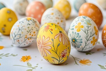 Fototapeta premium A bunch of eggs with flowers on them are sitting on a table. The eggs are all different colors and sizes, and they are arranged in a way that makes them look like a bouquet of flowers
