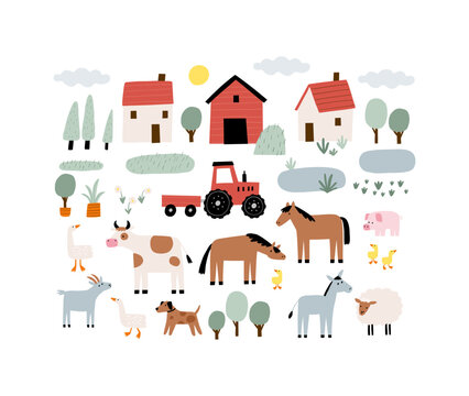 Cute farm animals in flat style. Hand-drawn country animals on farm. Childish character. Cartoon flat graphic vector poster or card