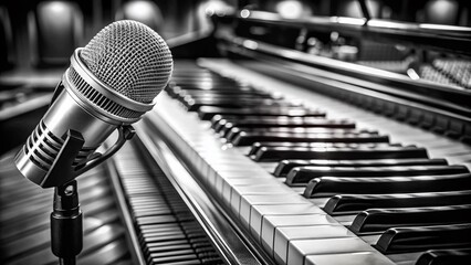 Black and White Panoramic: Condenser Microphone on Grand Piano