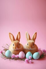 Easter composition - pastel colors, painted colored eggs and decor are laid out on the table, cute fluffy Easter bunnies are sitting nearby.
