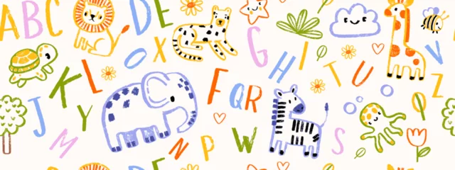 Crédence en verre imprimé Kids animal seamless pattern, hand drawn childish texture African vector print cute cartoon linen. Naive baby nature background, colorful pencil letters fabric design, elephant. Kids seamless pattern