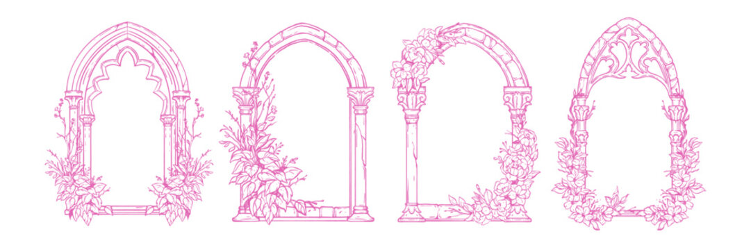 Gothic window frame set, vector hand drawn cloister arch border, wedding invitation floral design. Fantasy vintage medieval portal, celebration romantic flower branch print. Castle pillar gothic frame