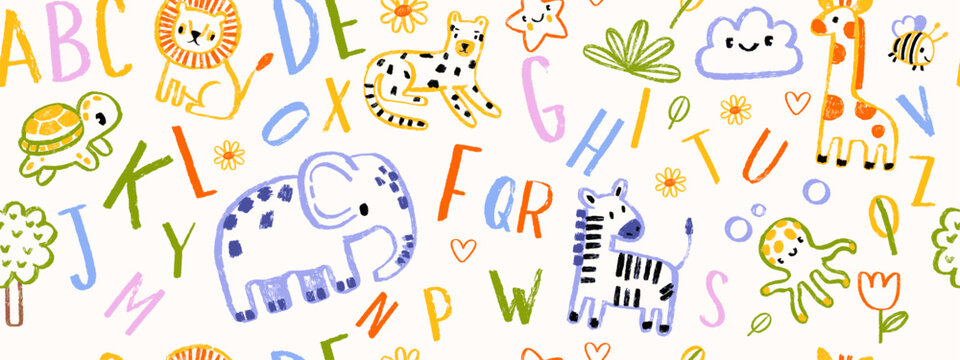 Fototapeta Kids animal seamless pattern, hand drawn childish texture African vector print cute cartoon linen. Naive baby nature background, colorful pencil letters fabric design, elephant. Kids seamless pattern