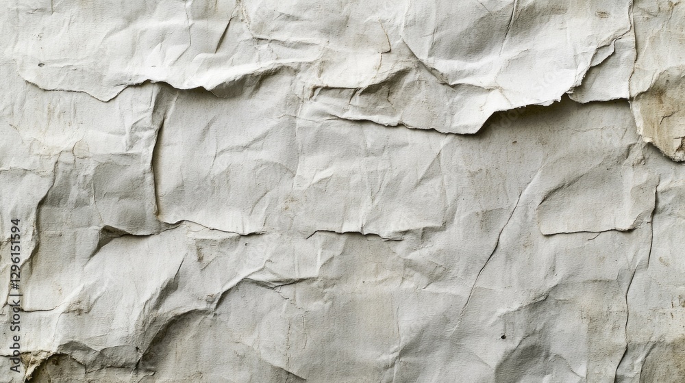 Poster Crumpled sheets of paper create a unique texture under soft afternoon light, casting subtle shadows and highlighting intricate creases, evoking a sense of artistic simplicity