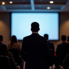 Fototapeta premium Participants engage in a strategic meeting within a modern conference room in the evening, showcasing diverse professionals collaborating on key business decisions