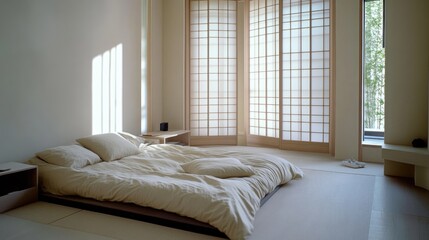 Bright and spacious bedroom with a minimalist design, featuring bamboo window blinds and a simple, elegant bed with white linens.