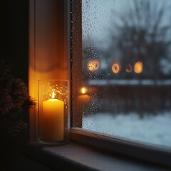 Burning candle in the window