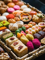 A colorful selection of Indian sweets on a tray.