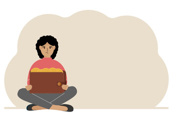 A woman sits cross-legged and holds a large purse of coins. The concept of a savings wallet, a successful loan, golden earnings with metal money in the currency. Vector flat illustration