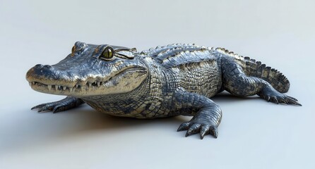 Fototapeta premium Realistic 3D Model of a Crocodile Lying on the Surface, Capturing Detail of Scales, Eyes, and Textures in a Neutral Environment for Creative Projects