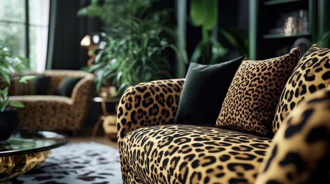A spotted leopard print sofa adding a bold, luxurious touch to any living room decor. The wild animal skin design is both fashionable and modern, perfect for those who love bold patterns.