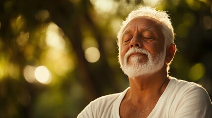 A senior man, his face etched with wisdom and joy, found tranquility in a yoga pose, his body and mind intertwined in harmony with the rhythmic flow of his breath.