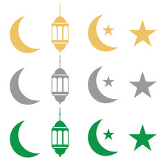 Ramadan icons set on long banner. Gold and gray lanterns, crescent and stars. Ramadan Kareem greeting card. Celebration design elements. Muslim islamic feast