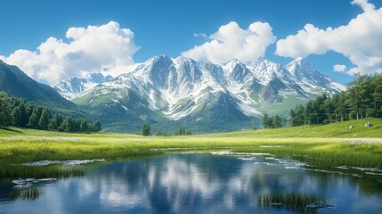 Fototapeta premium Scenic landscape of majestic mountains reflecting in a serene lake.