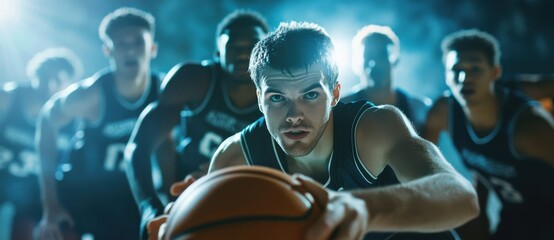 Intense basketball practice highlights player focused on training with teammates in gymnasium during evening session
