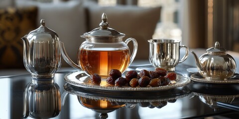 Fototapeta premium Luxury tea set on a table, including teapot, sugar bowl, cups and saucers.