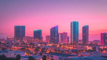 Obraz premium Sunset Cityscape: Vibrant Pink Hues Over Illuminated Skyline