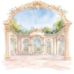 Fototapeta premium Watercolor architectural elegance in a grand pavilion serene garden setting artistic visualization, isolated on white background