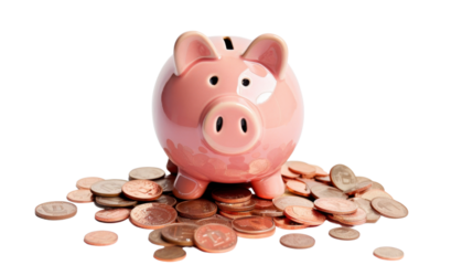 Piggy bank standing on pile of coins with transparent background