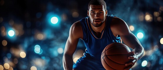 Intense basketball player prepares for a crucial game in a dramatic arena lighting setup