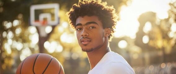 Young athlete practices basketball under the afternoon sun at an outdoor court surrounded by trees