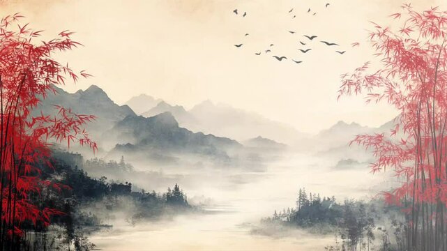 Traditional Chinese ink painting of misty mountains, flowing river, red bamboo trees, and flying birds in an elegant oriental landscape. Seamless looping 4K time-lapse animation video background