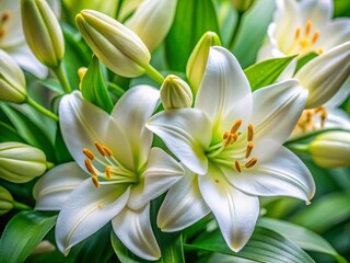 Naklejka premium Blooming White Lily Buds on Decorative Perennial Bush - Spring Flowers