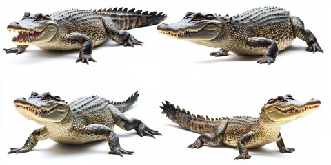 Naklejka premium Realistic and Detailed Illustrations of Four Different Crocodiles Showcasing Unique Poses and Textures for Nature Photography and Wildlife Education