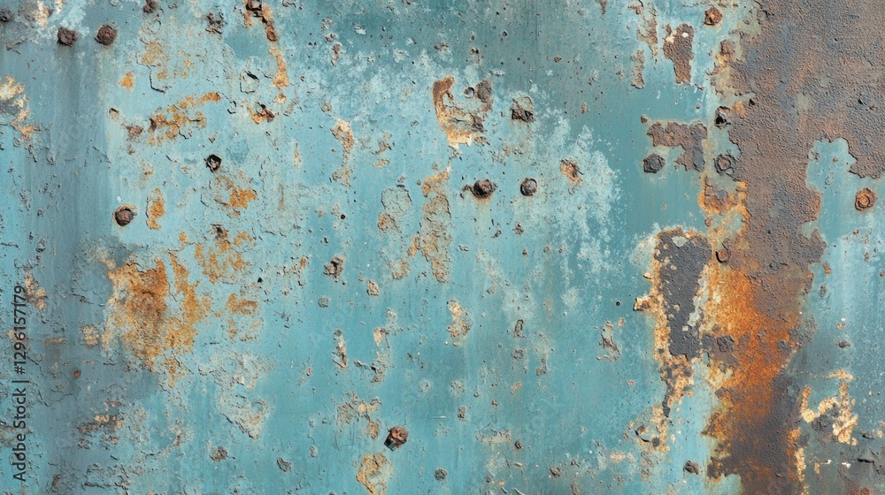 Poster an aged metallic surface showcases a blend of rust and patina, featuring various shades of blue and 