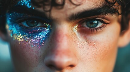 Fototapeta premium A young man, with eyes wide and a playful smirk, meticulously applied shimmering eyeshadow, a splash of vibrant lipstick, and a cascade of dramatic lashes, transforming his face into a canvas of