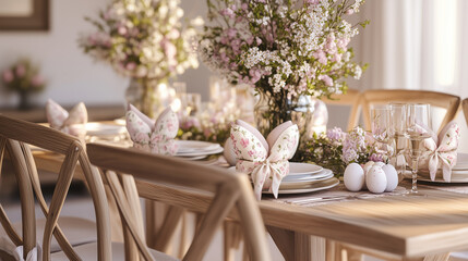 Spring Easter table with bunny-themed decor, soft pastel cushions, Easter eggs, and flowers creating a charming festive vibe