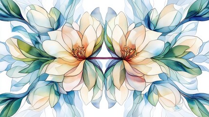 Intricate magnolia floral design, stained glass-inspired watercolor, symmetrical composition, bright white background, high-quality 8K 