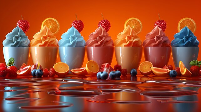 A selection of fruit sorbets arranged in a row with fresh fruits and a bright background